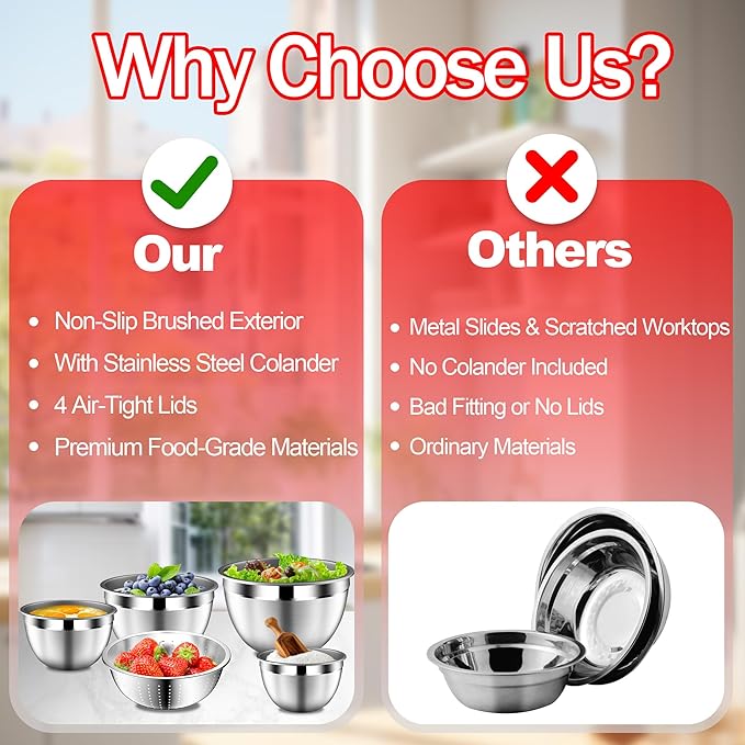 Mixing Bowls with Strainer, Mixing Bowl with Lids Set, Stainless Steel Mixing Bowls, Kitchen Gadgets Salad Bowls with Strainer for Mixing & Preping & Serving, Multicolor