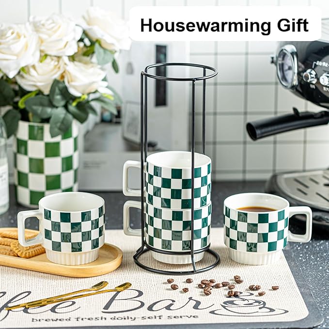 Miamolo Stackable Coffee Mugs with Stand, Checkered Coffee Mug Set of 4, 11oz Espresso Cups for Beverages, Stacked Mug Set with Spoons for Christmas Housewarming Birthday Gift, Dishwasher Safe