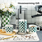 Miamolo Stackable Coffee Mugs with Stand, Checkered Coffee Mug Set of 4, 11oz Espresso Cups for Beverages, Stacked Mug Set with Spoons for Christmas Housewarming Birthday Gift, Dishwasher Safe