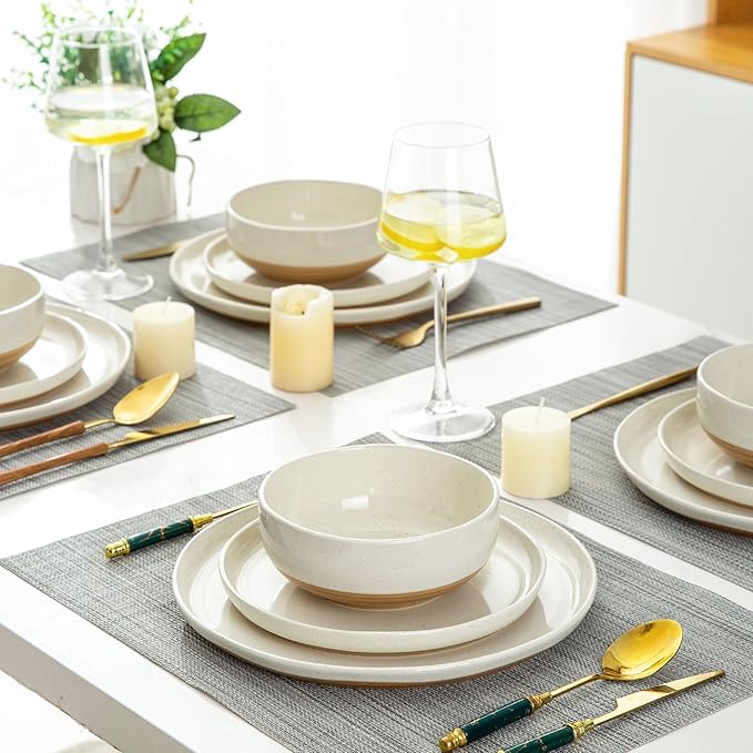 AmorArc Ceramic Dinnerware Sets with Pasta Bowls for 8, Handpainted Plates and Bowls Set with Rustic Terracotta Underside, Scratch Resistant Dishes Set, Dishwasher & Microwave Safe, 32 Pcs