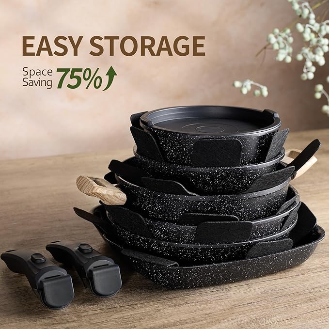 23pcs Ceramic Pots and Pans Set, Nonstick Detachable Handle Cookware, Induction Kitchen Cooking Set with Removable Handle,include Frying Pans & Saucepans Oven Safe (Black)