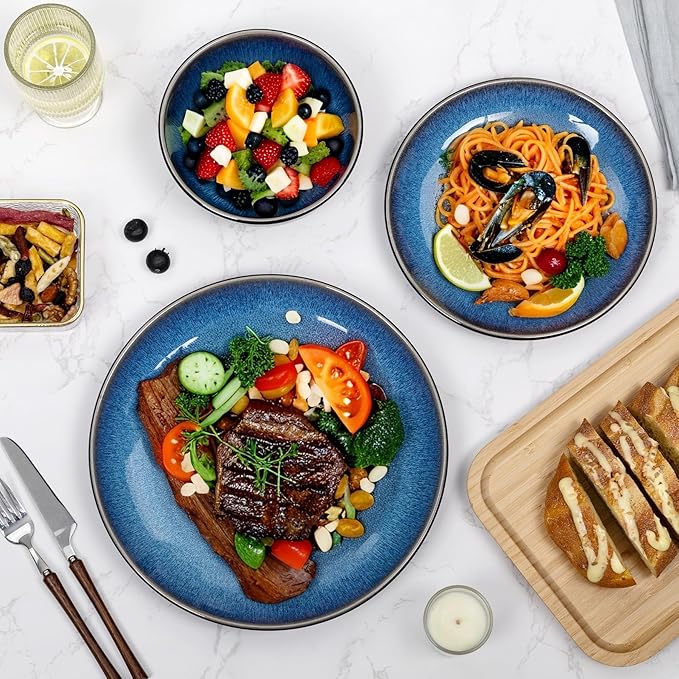 Plates and Bowls Sets for 4 - CJDC-QUELO 12-Piece Stoneware Dinnerware Sets, Ceramic Dishware Set for Kitchen Use and Formal Dining, Chip and Scratch Resistant Microwave Dishwasher Safe, Blue