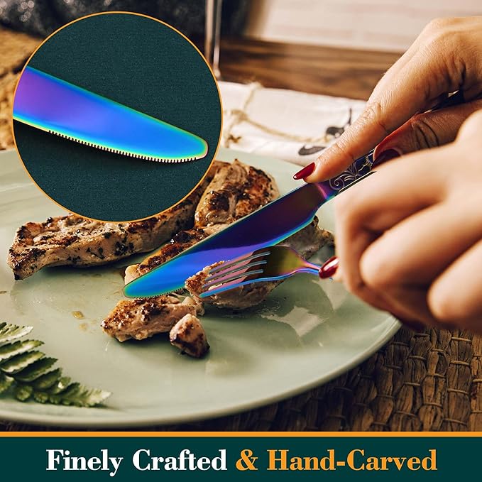 Rainbow Silverware Set, 30 Pieces Vintage Carved Flatware Set for 6, Stainless Steel Cutlery Set with Knife/Fork/Spoon,Utensil Set for Home and Kitchen, Dishwasher Safe