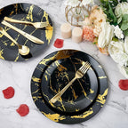 JOLLY PARTY 180PCS Disposable Dinnerware Set 30 Guest, 60 Black and Gold Plastic Plates, 30 Silverware, 30 Plastic Cups, Marble Design Dinnerware for Halloween, Wedding and Parties