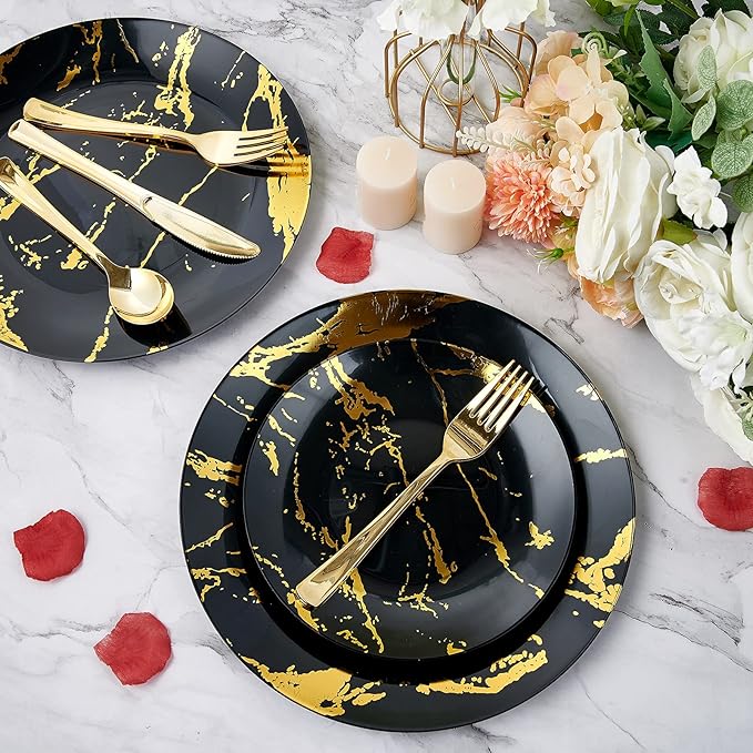 JOLLY PARTY 180PCS Disposable Dinnerware Set 30 Guest, 60 Black and Gold Plastic Plates, 30 Silverware, 30 Plastic Cups, Marble Design Dinnerware for Halloween, Wedding and Parties