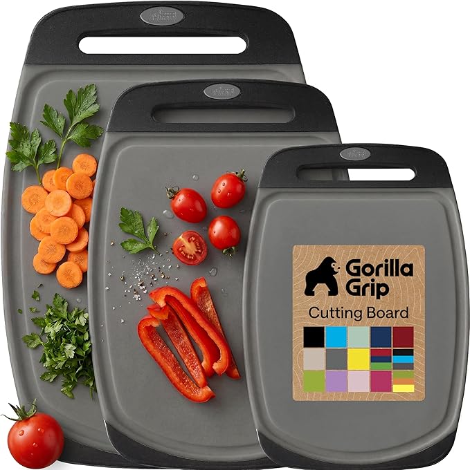 GORILLA GRIP BPA-Free Reversible Kitchen Cutting Board Set of 3, US Designed, Nonporous, Juice Grooves Catch Liquid, Slip Resistant Border, Dishwasher Safe, Durable Food Chopping Boards, Gray Black