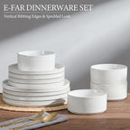 E-far Stoneware Dinnerware Sets for 2, 6-Piece Plates and Bowls Sets, Chip & Scratch Resistant Ribbed Dish Set for Home Restaurant, Microwave & Dishwasher Safe, Speckled White