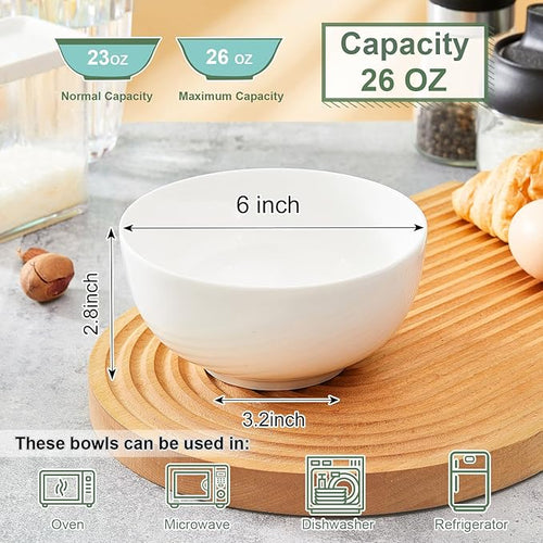 AntoKueh White Ceramic Bowls 6 in, 26Oz round Large Cereal Bowl set of 6, Deep Porcelain Bowls for Cereal, Salad, Noodles, Dishwasher/Microwave safe
