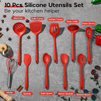 Onader 10 Pieces Cooking Utensils Set, Red Silicone Kitchen Utensils Set for Cooking, Non Toxic & Heat Resistant
