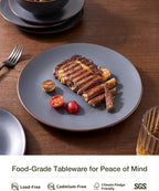 Famiware Venus Speckled Dinnerware Set with Pasta Bowls for 4 (16 Pieces), Stoneware Plates and Double Bowls, Matte Charcoal - Microwave & Dishwasher Safe Dishes with Trim for Everyday & Formal Use