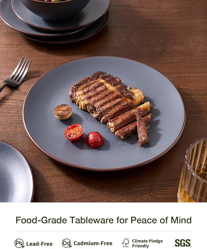 Famiware Venus Plates and Bowls Sets, 18 Pieces Stoneware Speckled Dishes Dinnerware Set for 6, Matte Charcoal - Microwave & Dishwasher Safe, Modern Minimalist, for Everyday Meals & Formal Dining