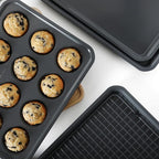Calphalon Legacy 10-Piece Nonstick Bakeware Set, PFA-Free Nonstick Coating, Oven Safe, Includes Sheet Pans, Muffin Pan, Round Cake Pans, Loaf Pan and Cooling Rack, Blue/Grey Interior