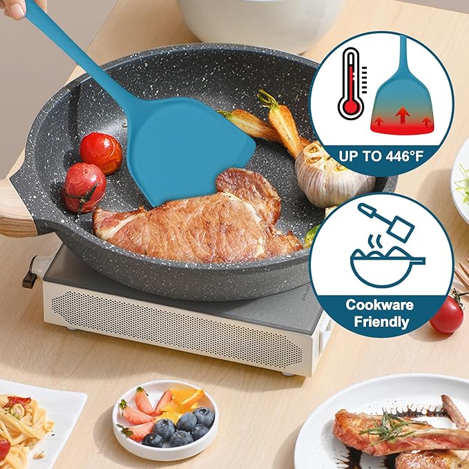 TeamFar Silicone Cooking Utensils Set, 5-Piece Heat Resistant Kitchen Utensils Set, Nonstick Slotted Solid Spoon Turner Pasta Server for Frying, Serving, Mixing, Non-Toxic & Dishwasher Safe, Dark Blue