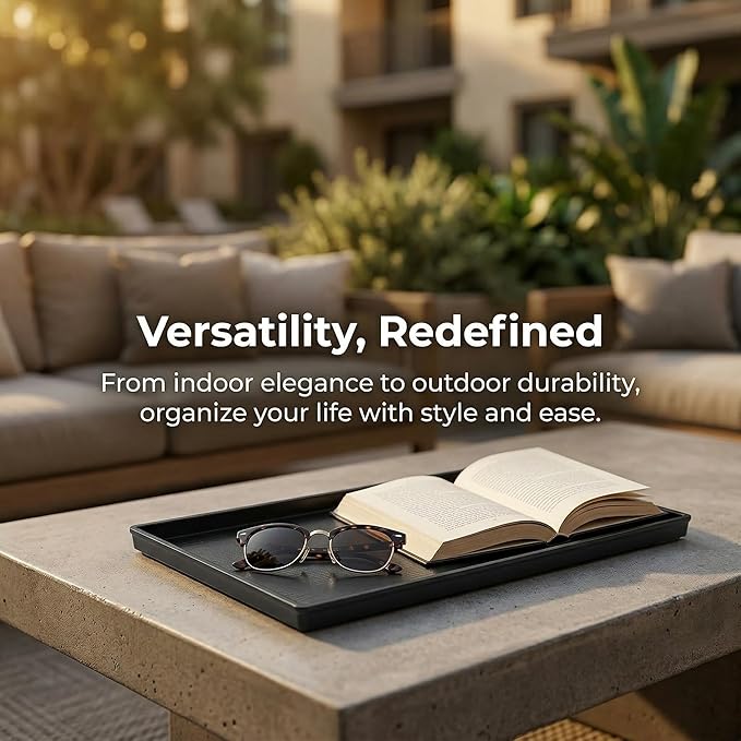 Cedilis 2 Pack Black Rectangular Serving Trays, Non-Slip Plastic Coffee Table Tray, Modern Ottoman Trays for Table Centerpiece, Home Decor, Bathroom, Kitchen Counter