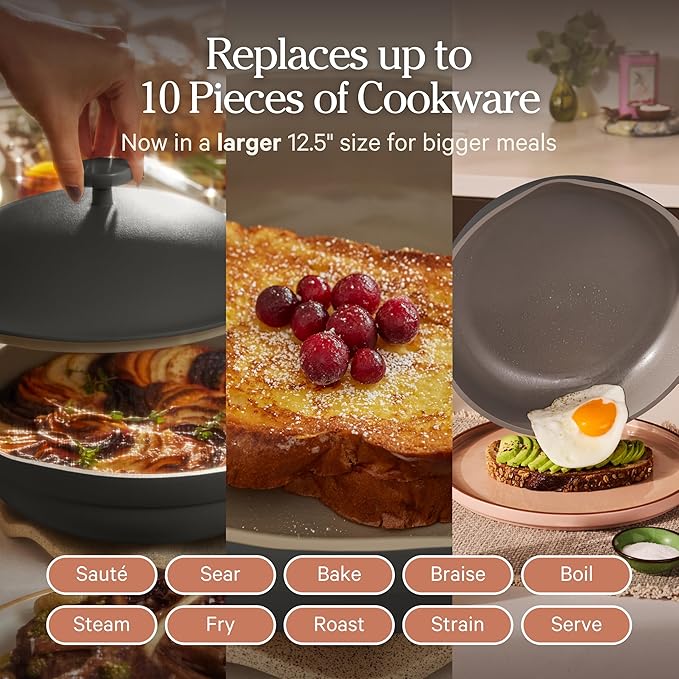 Our Place Large Always Pan | 12.5" Ceramic Pan with Modular Lid & Beechwood Spatula | Patented 10-in-1 Nonstick, Non-Toxic Cookware Made Without PFAS | Induction & Oven-Safe up to 450°F | Char