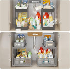 2 Pack 18.5IN-Depth Under Sink Organizer With Next-Gen Ball-Bearing Slides,2-Tier Precision Mesh Pull Out Cabinet Storage for Bathroom&Kitchen,Height Adjustable Drawers Shelf,Anti-rust-Grey