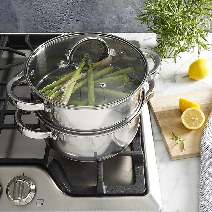 Oster Sangerfield 3.0-Quart Stainless Steel Dutch Oven with Steamer Basket – Durable Kitchen Cookware for Slow Cooking and Steaming