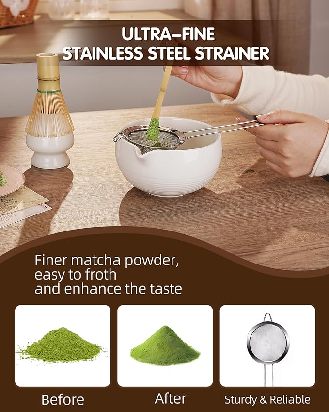 ZENS Matcha Whisk Set, 5pcs Matcha Kit Set Includes Ceramic Bowl, Bamboo Whisk and Chasen Holder, Scoop & Tea Mat，Matcha Tea ceremony Gift for Matcha Lovers, White