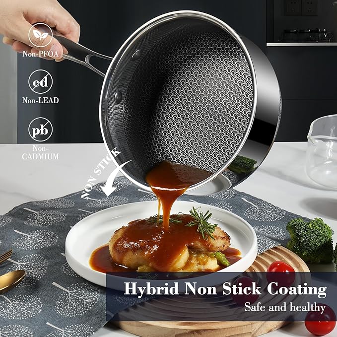 Hybrid Non Stick Pot Set 6 Pcs with 2 Silicone Trivets, 1.5, 2.5 QT Saucepan & 5.2 QT Stock Pot with Glass Lids, Stay-Cool Handles, Dishwasher Safe, Induction Ready, Compatible All Cooktops