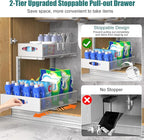 Housolution 2 Pack Large Under Sink Organizer, 2 Tier Metal Pull Out Under Sink Storage with Sliding Mesh Drawers, Height Adjustable Slide Out Under Cabinet Organizer for Kitchen Bathroom, White