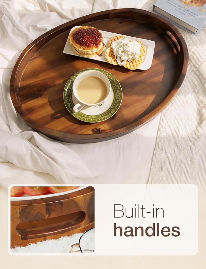 TIDITA Acacia Oval Wooden Serving Tray with Handless - 16.5" x 13" Ottoman Table Oval Wooden Tray - Round Serving Tray - Ottoman Tray for Living Room, Coffee Table Decor, Serving Platter, Walnut color