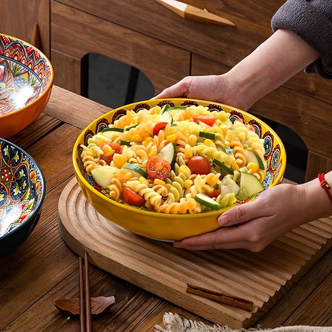 Boho Large Serving Bowls, 10.2 Inch Fruit Salad Bowls, Decorative Serving Dishes for Entertaining, 80 OZ Pasta Bowls Set of 2, Vibrant Colorful Soup Bowls for Party, Home Decor, Bohemian Style Gift