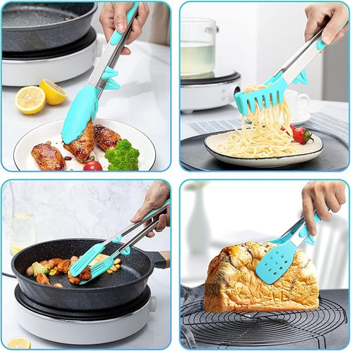 5-Pack Silicone Tongs for Cooking,Maywe Tanso 4PCS 13-Inch Kitchen Tongs with Silicone Tips,Nonstick Stainless Steel Tong for Steak Pie Pizza Pasta Spaghetti Salad BBQ Buffet,Plus Brush