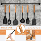 Large Silicone Kitchen Utensils Set with Holder, 25Pcs Cooking Utensil Set with Wooden Handle, Heat Resistant Spatula Sets for Cooking, BPA Free Silicone Utensils Set for Non-Stick Cookware(Black)