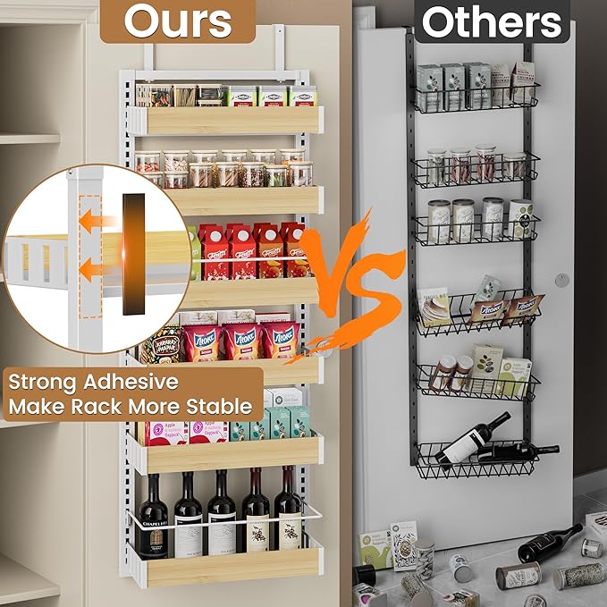 6 Tier Over The Door Pantry Organizer, 2-in-1 Door Hanging or Wall Mounted Spice Rack, Large Heavy Duty Pantry Door Storage Seasoning Shelves with Adjustable Basket for Kitchen Bathroom Closet