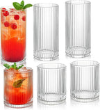 Ribbed Drinking Glasses 6pcs, 12oz and 10oz Glassware, Tumbler Glasses Cup Set for Wedding, Party, Christmas Gift, Clear