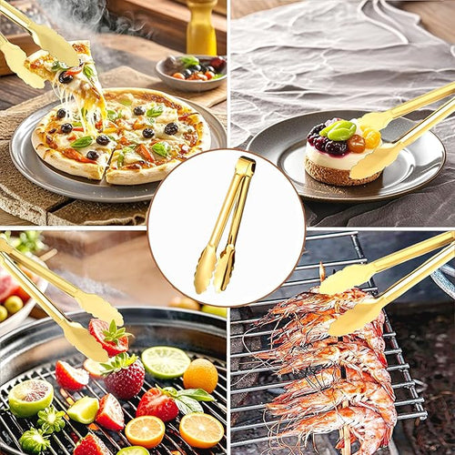 6pcs Stainless Steel Serving Tongs Gold or Silver Plated 9inch Heavy Duty Durable BBQ Clamps Design for Weddings Parties Banquets Buffets Family Gatherings Kitchen Cooking Serving Clip