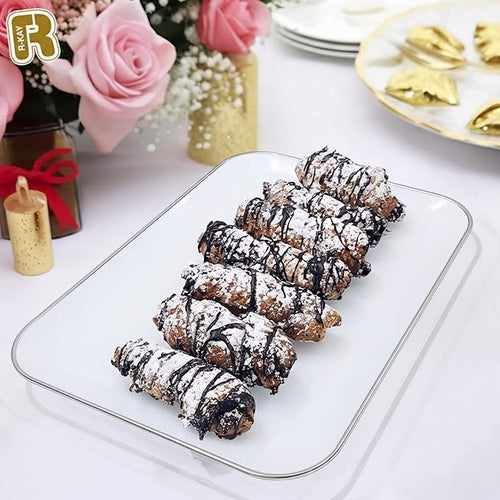 3 Pack Silver Plastic Serving Trays for Party - Silver Rim Serving Tray 8 x 11 Inch - Heavy Duty Dessert Trays for Food - Rectangular Party Serving Trays for Entertaining