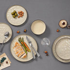 E-far 16-Piece Plates and Bowls Sets with Pasta Bowls - Stoneware Dinnerware Set for 4, Modern Ribbed Dishes, Microwave & Dishwasher Safe, Sandy Khaki
