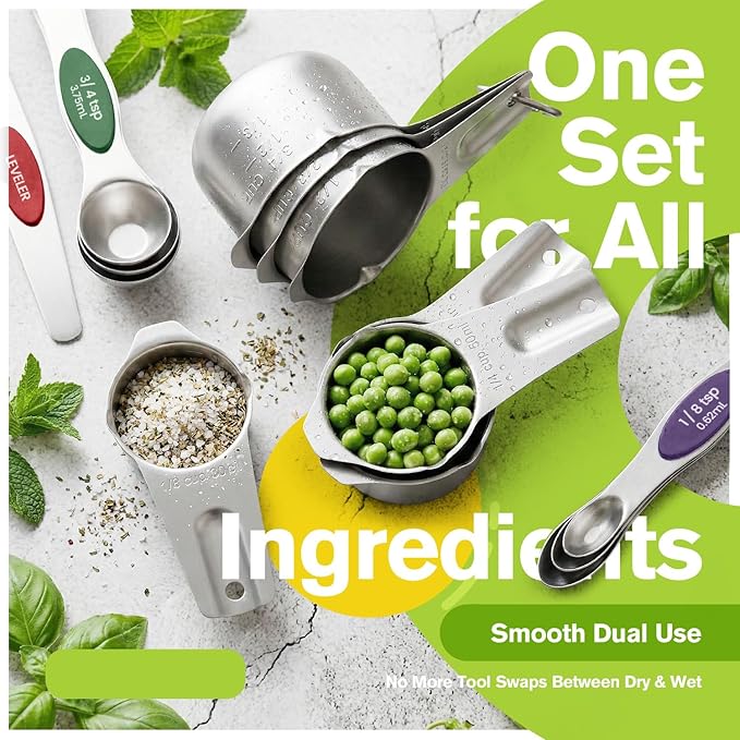 Measuring Cups and Spoons Set, 304 Stainless Steel Measuring Cups Set of 7,8 Magnetic Stainless Steel Measuring Spoons & 1 Leveler for for Measure Dry and Liquid Ingredients
