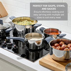 T-fal Essentials Stainless Steel Cookware Set 12 Piece, Induction Compatible, Oven Safe 350F, Cooking Set w/Stewpots, Stockpot, Saucepan, Lids & Tools, Measuring Marks, Dishwasher Safe, Silver/Blue