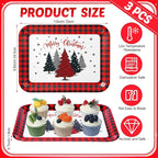 Vesici 3 Pcs Christmas Serving Trays 13 x 10 Inch Black and Red Plaid Xmas Tree Melamine Platters Reusable Rectangular Serving Dishes for Xmas Holiday Party Sharing Snacks Fruit Dessert Candy