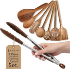 8 Piece Teak Wooden Cooking Spoons Set – Wooden Utensil Set with Spatula Scraper Pasta Spoon Rice Paddle Tongs for Everyday Cooking, Smooth Sanded Finish, Comfortable Grip Handles, Gentle on Cookware