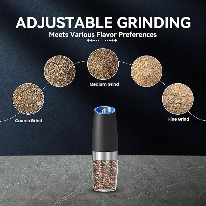Gravity Electric Salt and Pepper Grinder, Automatic Salt And Pepper Grinder, Adjustable Roughness, Battery Powered, LED Light, 1 Pack, (Black)