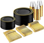 bUCLA 300PCS Black and Gold Disposable Dinnerware Set - 50 Guests Black Plastic Plates with Gold Rim Include 50 Dinner / 50 Dessert Plates, 50 Forks,50 Knives,50 Spoons&50 Cups for Party&Graduation