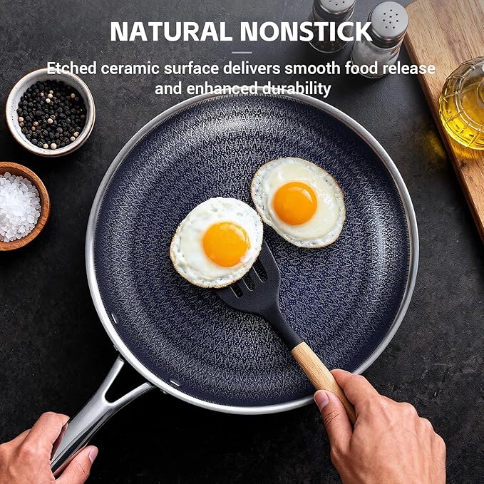 Ammeloo Hybrid Tri-Ply Stainless Steel Frying Pan Set, 8"/9.5"/11" Cooking Pans, Non Stick Frying Pans and Skillets, Chef Pan, Non Toxic, Dishwasher Safe, Induction Compatible, Blue Interior