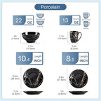 LOVECASA Black Plates and Bowls Sets for 4, Porcelain Dinnerware Sets 16 Piece Gold Splash Glaze Ceramic Dish Set, Round Dinner Set with Mugs, Dishwasher Microwave Safe