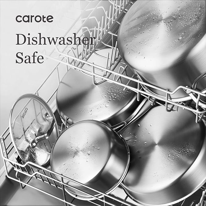 CAROTE 7-Piece Tri-Ply Stainless Steel Frying Pan Set, Skillet Set 8"/10"/12", Induction Compatible, Oven & Dishwasher Safe, Gold Handle