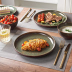 Pokini Stoneware Dinnerware Sets for 6, 18 Pieces Ceramic Plates and Bowls Sets, Chip and Scratch Resistant Dish Set, Dishwasher & Microwave Safe Plate Set, Brown Green