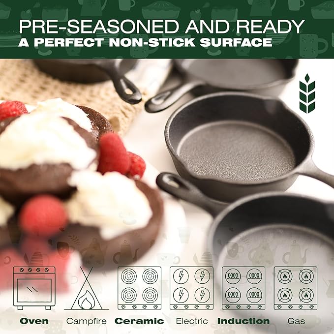 KUHA Small Cast Iron Skillet Set | Pre-Seasoned Mini Cast Iron Skillets for Cookies, Eggs & Desserts | For Baking & Serving | 6 Silicone Trivets & Scraper Included | 4", Set of 6