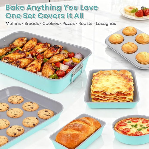 21-pieces Stackable Nonstick Bakeware Set, PTFE/PFOA/PFOS Free Baking Pans Set with Silicone Cup, Oven Mitt, Complete Kitchen Baking Kit for Cake & Loaf, Cookies, Cupcakes