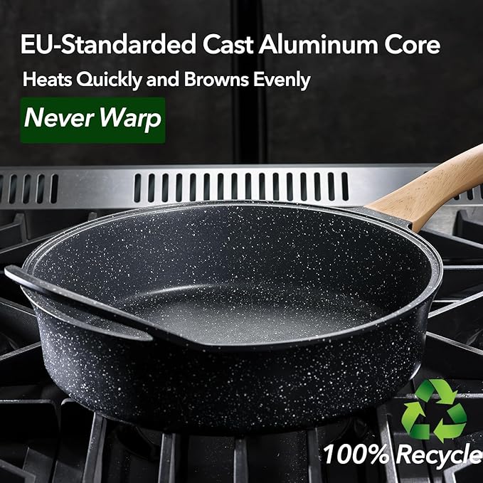 Nonstick Deep Frying Pan with Lid, 5.3 QT Swiss Granite Coating Sauté Pan, 13 Inch Healthy Non Stick Skillet Cooking Pan and Helper Handle with Silicone Cover, PFOA Free, Induction Ready.