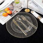 DaYammi 210PCS Gold Glitter Plastic Dinnerware Set for 30 Guests, Fancy Disposable Plates for Party, Include: 30 Dinner Plates, 30 Dessert Plates, 30 Pre Rolled Napkins with Gold Silverware, 30 Cups