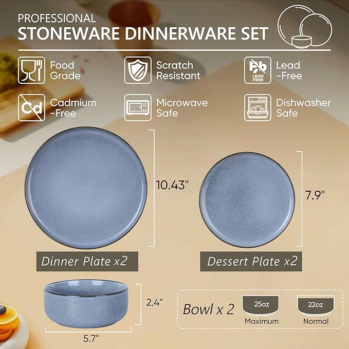 Herogo 6-Piece Stoneware Dinnerware Sets for 2, Stackable Dinner Plates and Bowls Sets, Double Reactive Glaze Dishware Place Setting for Kitchen, Scratch Resistant, Microwave Safe, Haze Blue