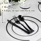 N9R 600PCS Clear and Black Disposable Plates Set, Heavy Duty Plastic Dinnerware Set for 100 Guests Includes 100 Dinner & Dessert Plates, Cups, Spoons, Forks, and Knives, Perfect for Parties, Weddings