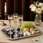 4 Pcs Large Silver Serving Trays, 15.7" x 11.8" Stainless Steel Rectangle Serving Tray, Decorative Silver Plates, Floral Engraved Tray, Metal Sizzler Plates for Coffee Table, Bar, Party, Club, Home